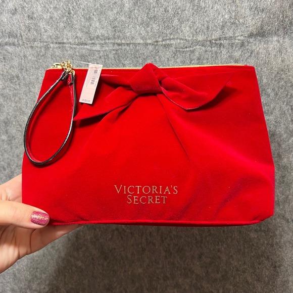 Victoria's Secret Velvet Bow Clutch Wristlet Glam Makeup Bag Red - Picture 2 of 13